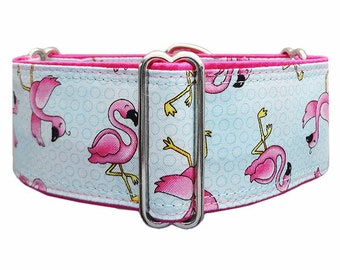 Flamingo martingale dog collar. Fanciful Flamingos! Greyhound, whippet, doberman collar. Made to order!