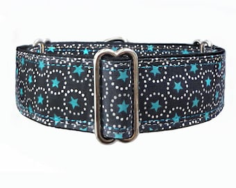 Teal Stars!  Adjustable martingale dog collar, greyhound, whippet, doberman, lurcher, podenco, saluki.   Made to order!