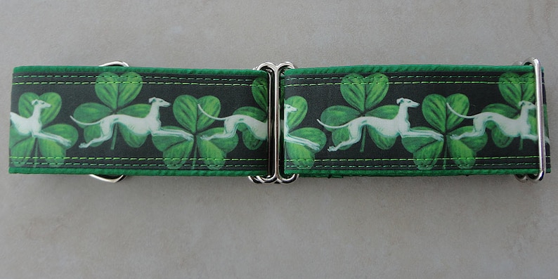 Jane Walker, Hounds & Shamrocks adjustable martingale dog collar, greyhound, whippet, lurcher, collar, satin lining. Unfrogettable image 2