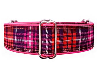 Pink and Orange Plaid Martingale Dog Collar: Greyhound, Whippet, Sighthound.  Satin Lined!