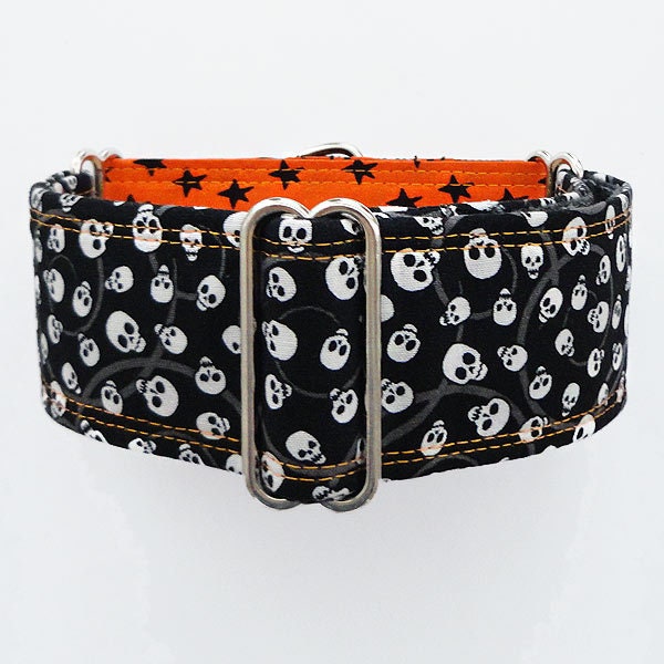 Ready-to-ship!  Pre-made 2" wide martingale, fleece lined greyhound/sighthound collar. Mini skulls and orange control loop. Halloween!