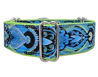 Blue and Green Art Deco/ Byzantine adjustable martingale dog collar. Greyhound collar, whippet collar, doberman, great dane dog collar.