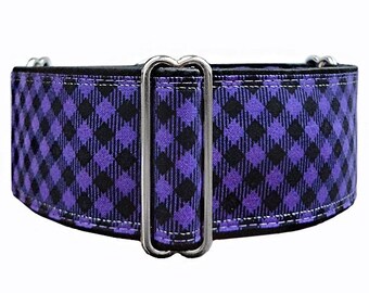 Purple Plaid Martingale Dog Collar: Custom Satin-Lined Adjustable Greyhound, Whippet, Galgo collar