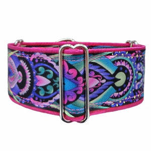 Pink, Purple and Teal Art Deco Byzantine adjustable martingale dog collar. Greyhound collar, whippet collar, doberman, great dane collar.