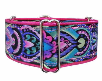 Pink, Purple and Teal Art Deco Byzantine adjustable martingale dog collar. Greyhound collar, whippet collar, doberman, great dane collar.