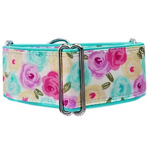 Pastel floral martingale dog collar. Pretty orchid, light teals and yellows. Greyhound, whippet, sighthound collar! Unfrogettable!