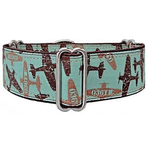 May include: A dog collar with a light teal background and a repeating pattern of brown and tan airplanes. The collar has a silver metal buckle and hardware. The collar is approximately 1 inch wide.