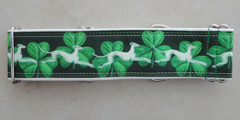 Jane Walker, Hounds & Shamrocks adjustable martingale dog collar, greyhound, whippet, lurcher, collar, satin lining. Unfrogettable image 3