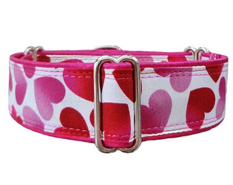 Valentine martingale. Shaded pink & red hearts dog collar. Greyhound collar, whippet collar, great dane collar, doberman collar.