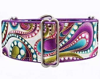 Purple, hot pink, gold, turquois and green paisley martingale dog collar. Greyhound, whippet, sighthound collar. Unfrogettable!