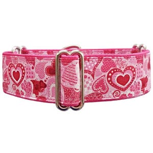 Patchwork Hearts Martingale Dog Collar: Pink & Red Satin Lined