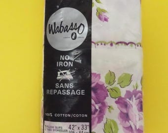 Wabasso Pillowcases 100% Cotton Purple Rose Floral Print Pillow Covers New Old Stock 1970s