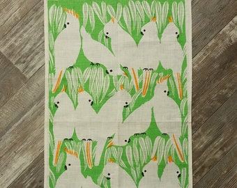 Vintage Cockatoo Tea Towel by Rodriguez Bird Print Linen Kitchen Towel Handprinted Sulphur Crested Cockatoos Australia
