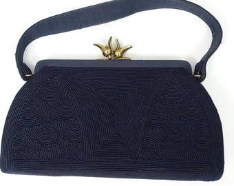 1940s Corde Purse Navy Blue Handbag Evening Bag with Gold Hardware