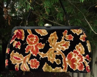 1950s/60s Chenille Tapestry Carpet Bag Top Handle Purse