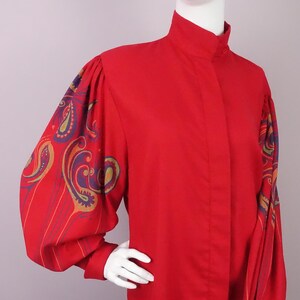 Vintage 70s Red Blouse Wide Sleeves Screen Printed Design Lorna Wiles England XL