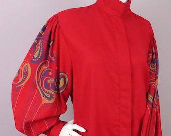 Vintage 70s Red Blouse Wide Sleeves Screen Printed Design Lorna Wiles England XL