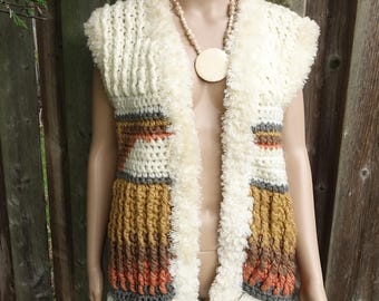 70s Crochet Knit Sweater Vest Bohemian Open Front Jacket