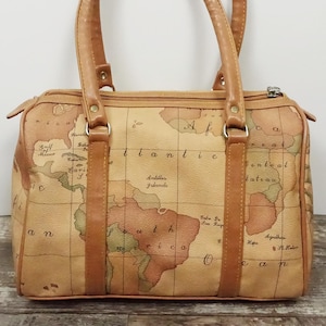 1990s GITANO World Map Print Purse Tan Canvas Bag