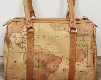 1990s GITANO World Map Print Purse Tan Canvas Bag