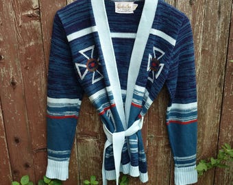 Vintage 70s Cardigan Wrap Sweater Space Dye Knit Southwest Boho Belted