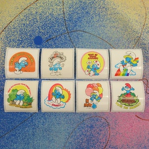 Smurf Stickers, Vintage 80s Peyo Smurfs Sticker Set of 8: Smurfette, Papa Smurf, Have You Hugged, Smurfy Day