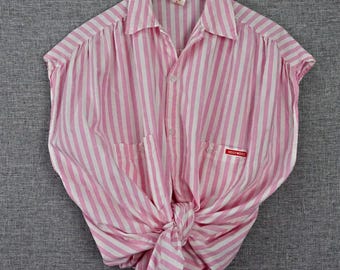 1980s Hollywood Era Shirt Cap Sleeve Button Up Candy Stripe Top Oversized Medium