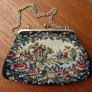 Sac à main tapisserie vintage Petit point Sac à main en tissu avec scène de campagne florale Goldco Fabriqué au Japon