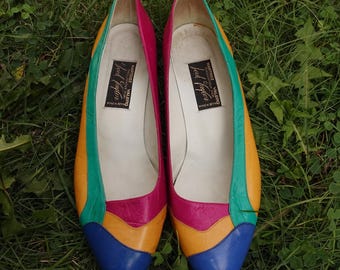1980s Color Block Pumps Leather Wedge Heels Size 9 Martinez Valero for Lord & Taylor