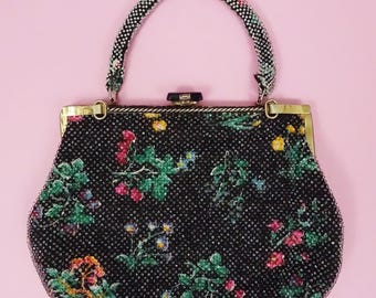 Vintage 60s Beaded Purse Black Floral Hobnail Bag Made in Hong Kong