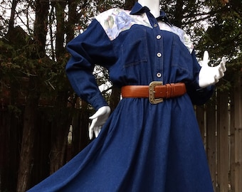 Vintage 80s Denim Chambray Dress Floral Yoke Shirtwaist Country Western Carol Anderson 11/12