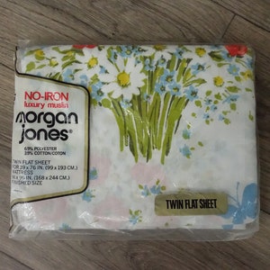70s Floral Print Sheet Twin Flat Vintage Morgan Jones Bonnie Bouquet Bedsheet with Flowers Butterflies 1970s New in Package Bedding