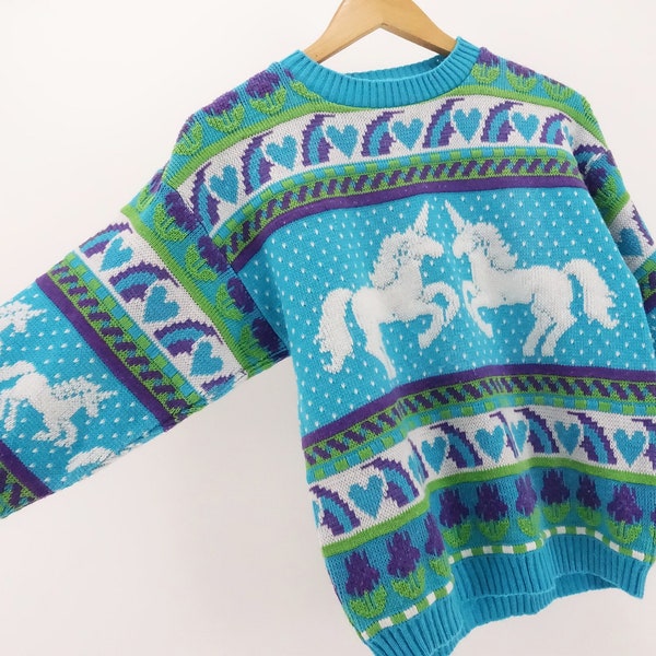 80s Unicorn Sweater Hearts and Flowers Fairy Kei Pullover Girls Medium Size 10 - 12