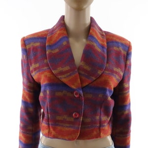 Vintage 90s Cropped Southwest Geometric Wool Blazer Colorful Jacket S/M