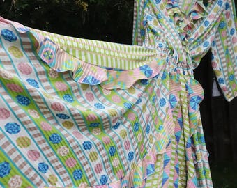 Vintage Mosaic Georgette Dress 80s Gypsy Boho Ruffled Maxi O/S