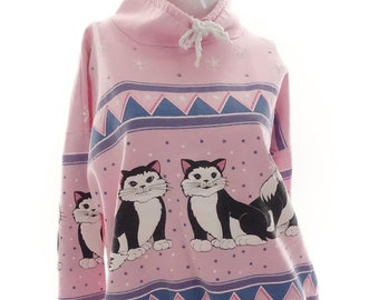 Vintage 80s Cat Sweatshirt Pink Pullover Puffy Graphics Drawstring Mockneck Oversized Small
