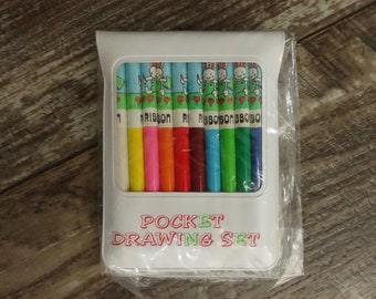 Vintage Ribbon Pencil Pocket Drawing Set with Colored Pencils and Pad Made in Japan New in Package