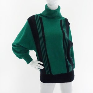 Vintage 80s Color Block Turtleneck Sweater Green and Black Striped Knit Top