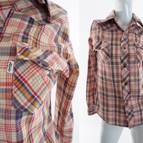 70s Levis Plaid Shirt 1970s Levi's White Tab Western Snap Button Top Womens XXS XS