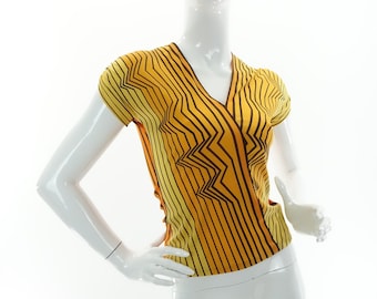 Vintage 70s Op Art T Shirt Striped Short Sleeve Top Retro 1970s Adrienne Lemaux XS