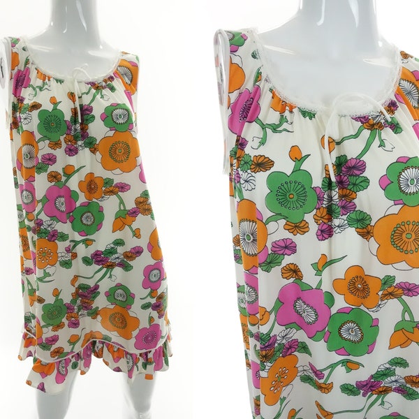 1960s 70s Babydoll Nightgown Floral Nightie Vintage Sleeveless Flower Power Mini Night Dress Medium