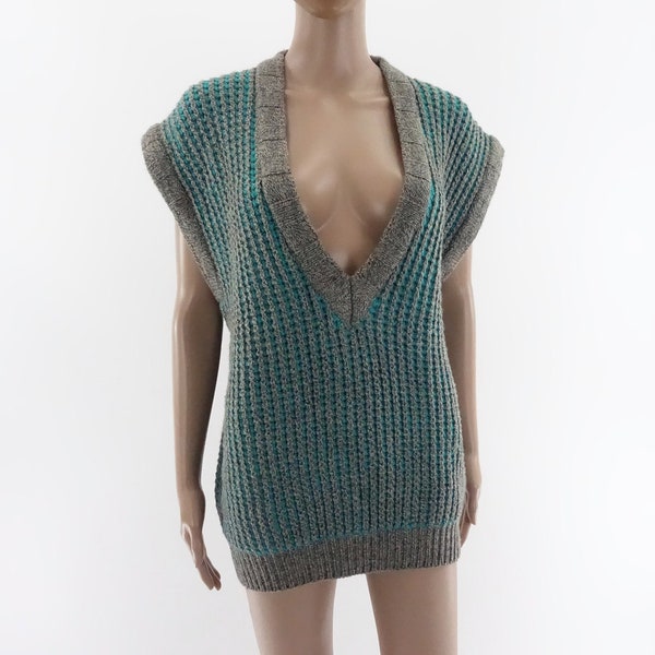 Vintage 80s Sweater Vest Deep V Neck Sleeveless Chunky Knit Pullover Oversized Medium
