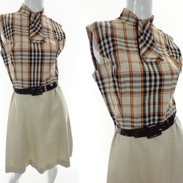 Vintage 60s Mod Secretary Dress Plaid Ascot Tie Front XS / S