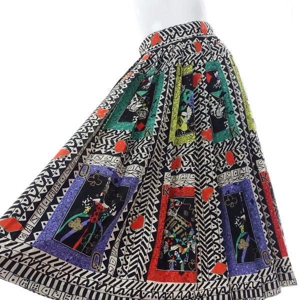 80s Louis Feraud Skirt with Playing Card Dice Print Colorful Polyester Jacquard Pleated Midi XS - Altered