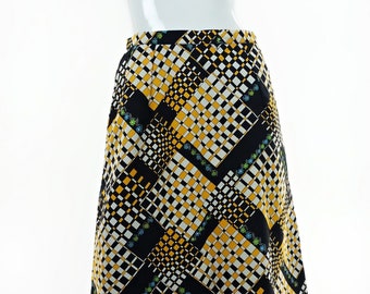 Vintage 1970s Op Art Floral Checkered Skirt 28" Waist