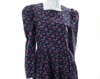 Vintage 80s Laura Ashley Dress Long Sleeve Blue Floral Print Cotton 1980s Tag Size 4 / XS