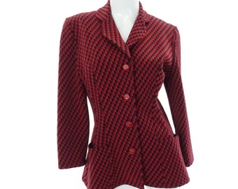 Vintage Geneviève Tarka Paris Blazer 1990s Red Black Check Print Suit Jacket