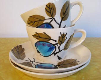 1960s 70s Vera Neumann Forbidden Fruit Cup and Saucer Sets / Island Worcester Painted Plum Dishes