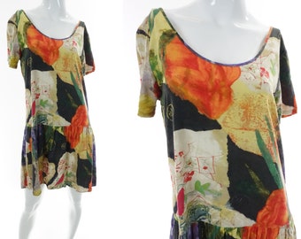 Vintage Jams World Hula Moon Dress Colorful Ginseng Asian Floral Mixed Print Rayon Minidress XS