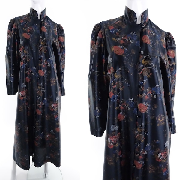 Vintage 70 Robe Black Floral Dressing Gown Leisure Lady Housecoat 1970s Loungewear